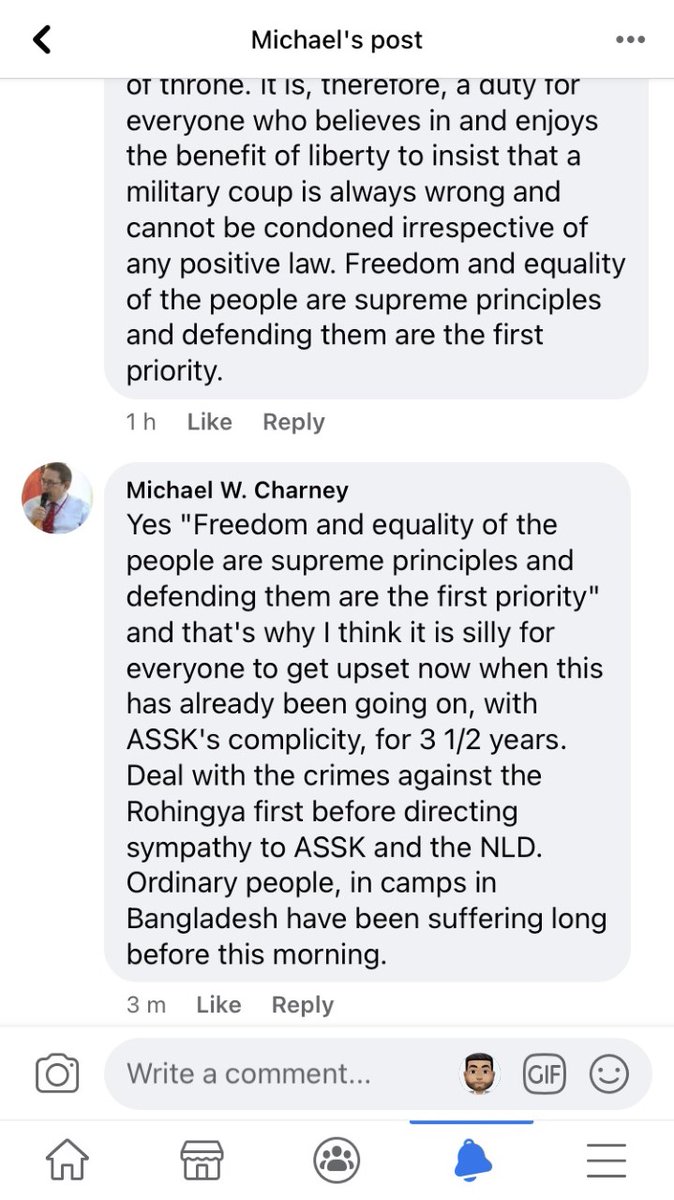 (5) Charney's repetitive references to the Rohingya incident are valid. That the NLD does not help but exacerbate conflicts between the Burman and other ethnic groups is a fact. However, one can't condone the maxim of a military coup. You cannot allow them to have any legitimacy.