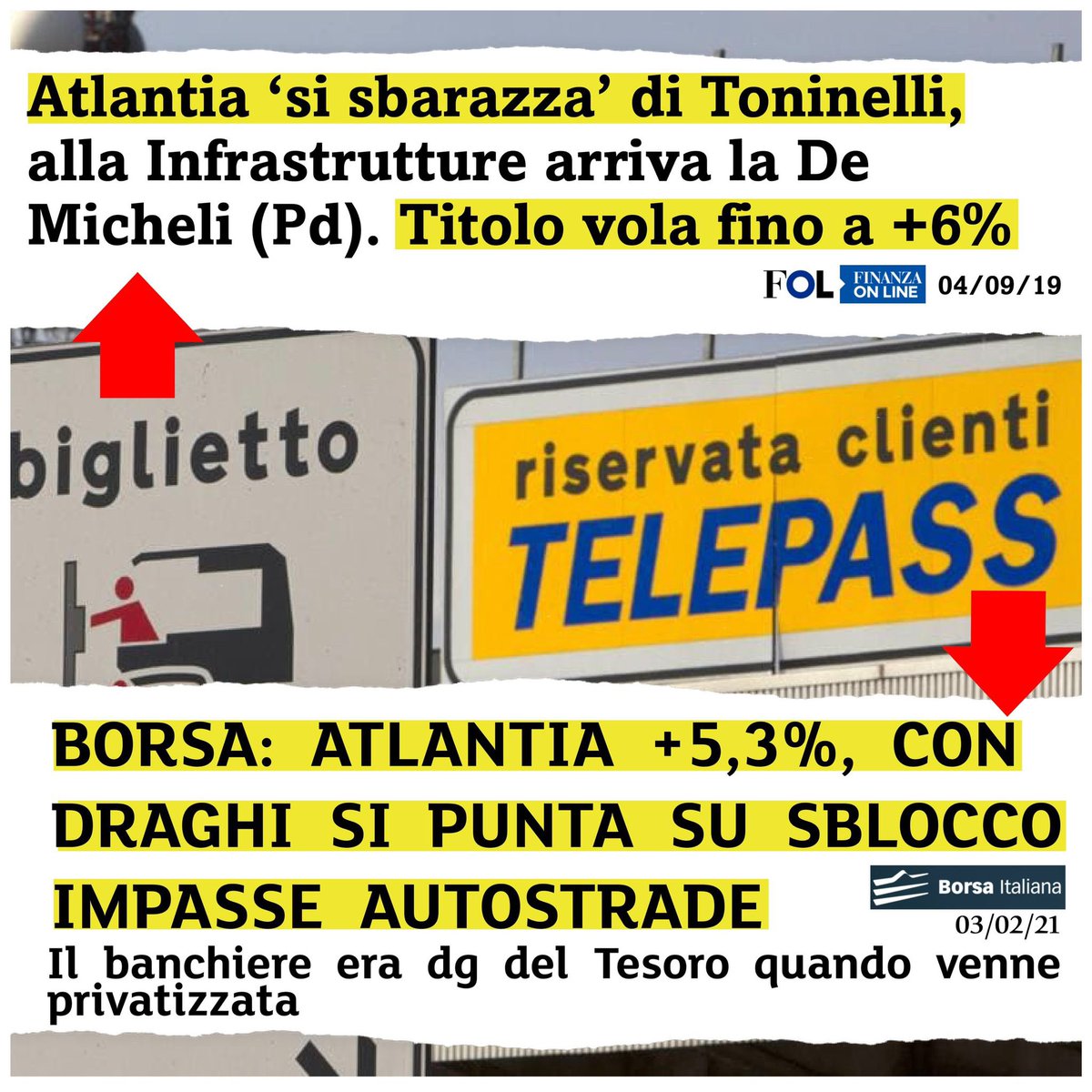 Per capire il grado di restaurazione in atto in Italia basta guardare il balzo di oggi in borsa del titolo Benetton-Atlantia. Un rialzo che non si vedeva dal giorno in cui il sottoscritto terminò il mandato al <a href="/mitgov/">MIT</a>. Serve altro per capire che il #M5S non può votare Draghi?