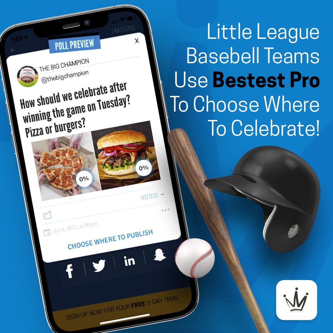 pollinatepolls's tweet photo. Coordinating the preferences of an entire Little League baseball team can be daunting, but BESTEST PRO makes it fun! Motivate the troops by sending out polls asking where to celebrate after a big win! #baseball #baseballcoach #polls #funpolls #littleleague https://t.co/mm8EyfzT6i