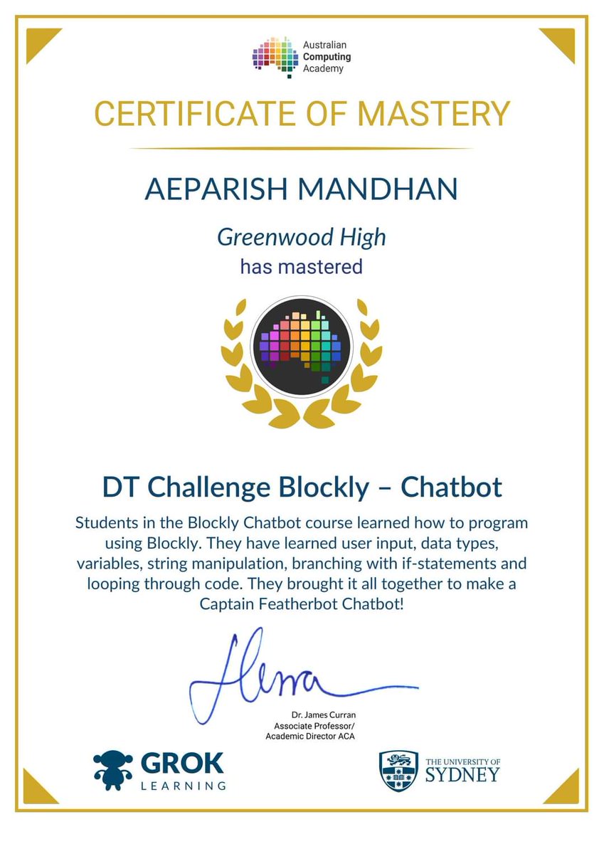Greenwood_High's tweet image. Aeparish Mandhan of Grade 4 completed courses in #PythonProgramming,#BBCmicrobitprogramming from #GrokLearning by #UniversityOfSydney by #AustralianComputingAcademy,  #ArduinoProgramming,#Chemistry,#Biology,#Neuroscience
Good luck Aeparish! 
#GreenwoodHigh #InternationalSchool