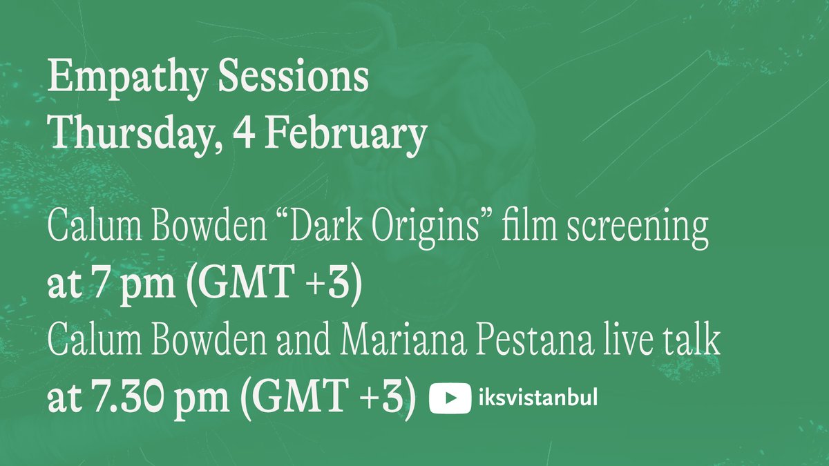 tasarimbienali's tweet photo. Join us tomorrow for the fourth episode of the Empathy Sessions!
On February 4 at 7pm (GMT+3), Calum Bowden's film “Dark Origins” will be streamed, followed by a live talk between the 5th #istanbuldesignbiennial curator Mariana Pestana and Bowden ➡️https://t.co/a65c9gJUDk https://t.co/MiutEbhJbC