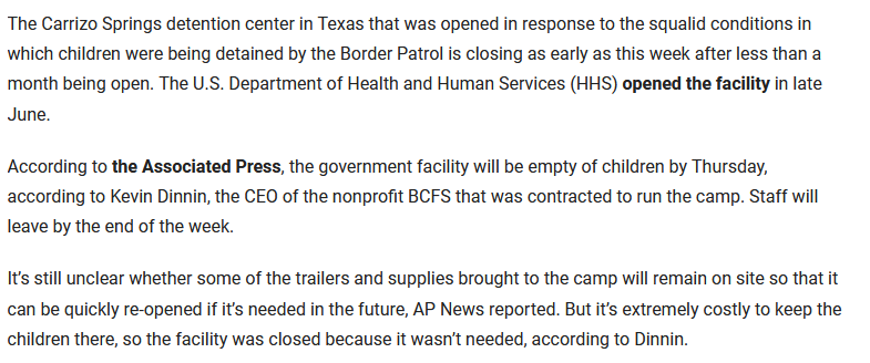 First off, this particular facility was opened specifically in response to the kids-in-cages camps, and was reported as being much more humane. This is the Biden administration re-opening the NOT sordid camp that closed under Trump because it was more expensive to operate.