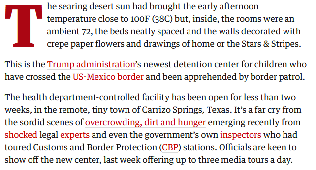 First off, this particular facility was opened specifically in response to the kids-in-cages camps, and was reported as being much more humane. This is the Biden administration re-opening the NOT sordid camp that closed under Trump because it was more expensive to operate.