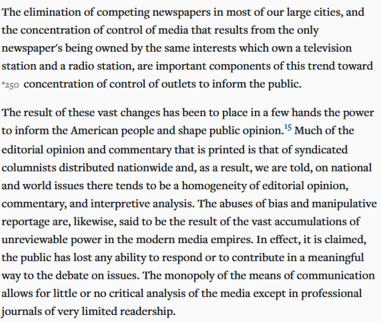 5/ In fact, the Supreme Court has rejected the exact argument made about social media "monopolies": that consolidation and market share can overcome that constitutional right & force them to carry third-party content against their wishes.  https://casetext.com/case/miami-herald-publishing-co-v-tornillo#p254