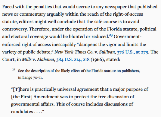 5/ In fact, the Supreme Court has rejected the exact argument made about social media "monopolies": that consolidation and market share can overcome that constitutional right & force them to carry third-party content against their wishes.  https://casetext.com/case/miami-herald-publishing-co-v-tornillo#p254