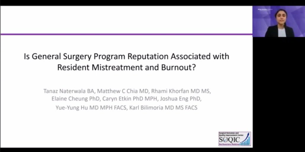 Congrats to <a href="/NU_SOQIC/">NU_SOQIC</a> <a href="/NUFeinbergMed/">Northwestern Feinberg School of Medicine</a> med student Tanaz Naterwala on this interesting study evaluating residency program reputation rank &amp; well-being. More burnout at top-ranked programs. A big thanks to her resident mentor extraordinaire, @chia_md, for guiding her! <a href="/NMSurgery/">Northwestern Surgery</a>