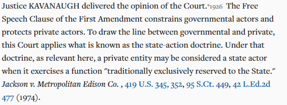 11/ Hamburger tries to preempt this by alluding to Marsh v. Alabama—the "company town" case. But the Supreme Court has repeatedly held that, to be transformed into a state actor, a private actor must be performing functions traditionally and exclusively performed by the state.
