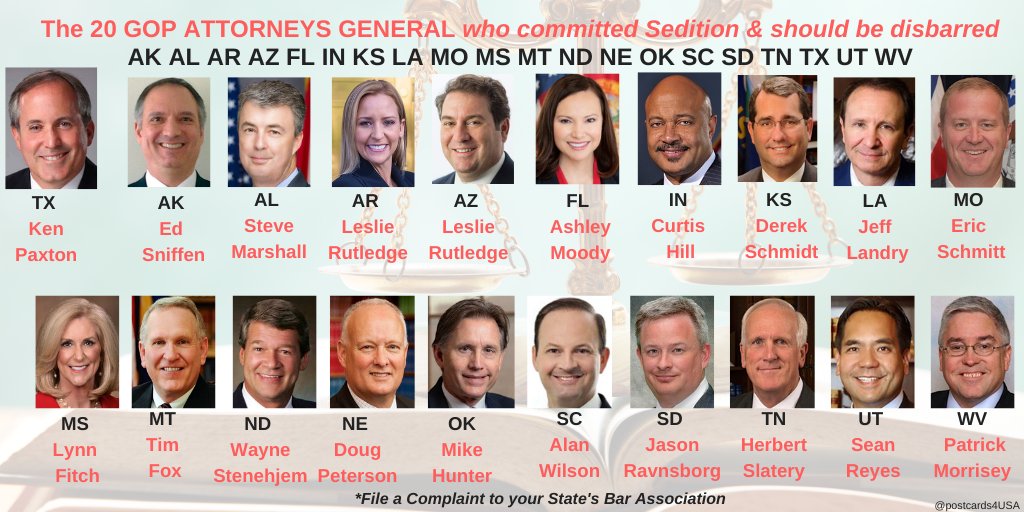 Here are the 20 State Attorneys General who filed the lawsuit against Democracy in an attempt to overturn the election and keep Trump in power against the will of voters. #SeditiousGOP
