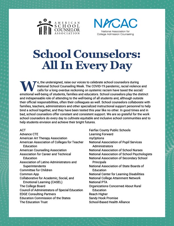 ASCAtweets's tweet image. National organizations join ASCA and @NACAC in acknowledging the extraordinary commitment of school counselors during an unprecedented school year.
ow.ly/C1S750Dqygl