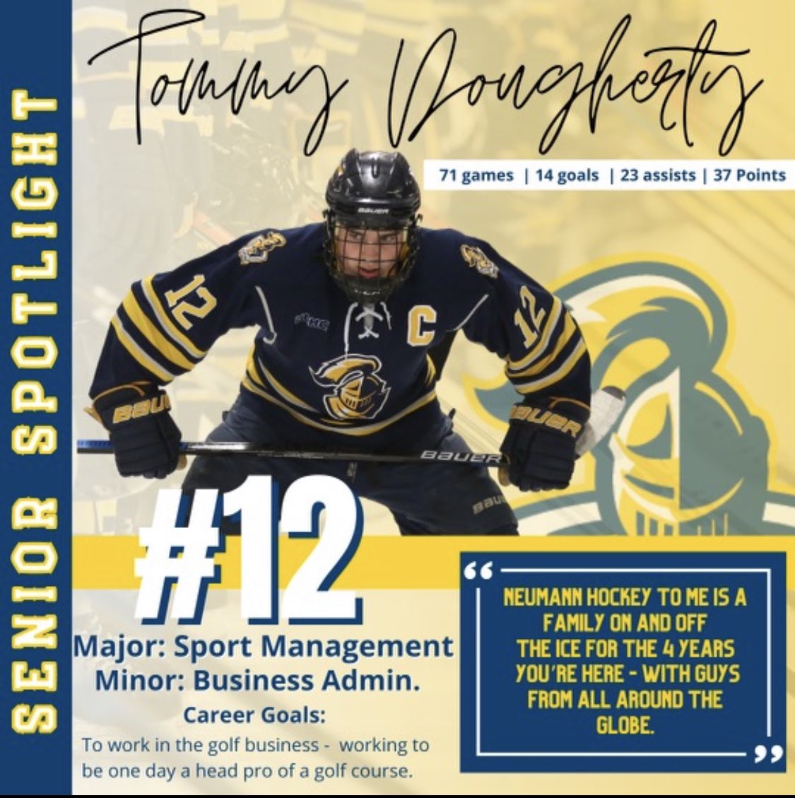 NeumannMIH's tweet image. Over the next few weeks, we’ll be highlighting our six seniors. First up, Captain @Dangle_Doc #neumannhockey