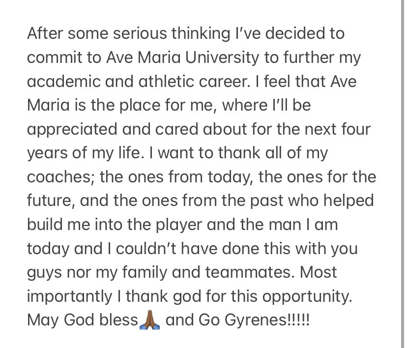 I would like to say that I am committing to Ave Maria University <a href="/GyreneFootball/">Ave Maria Football</a> <a href="/KeithGilmore13/">Keith Gilmore</a> @MDCA_Football