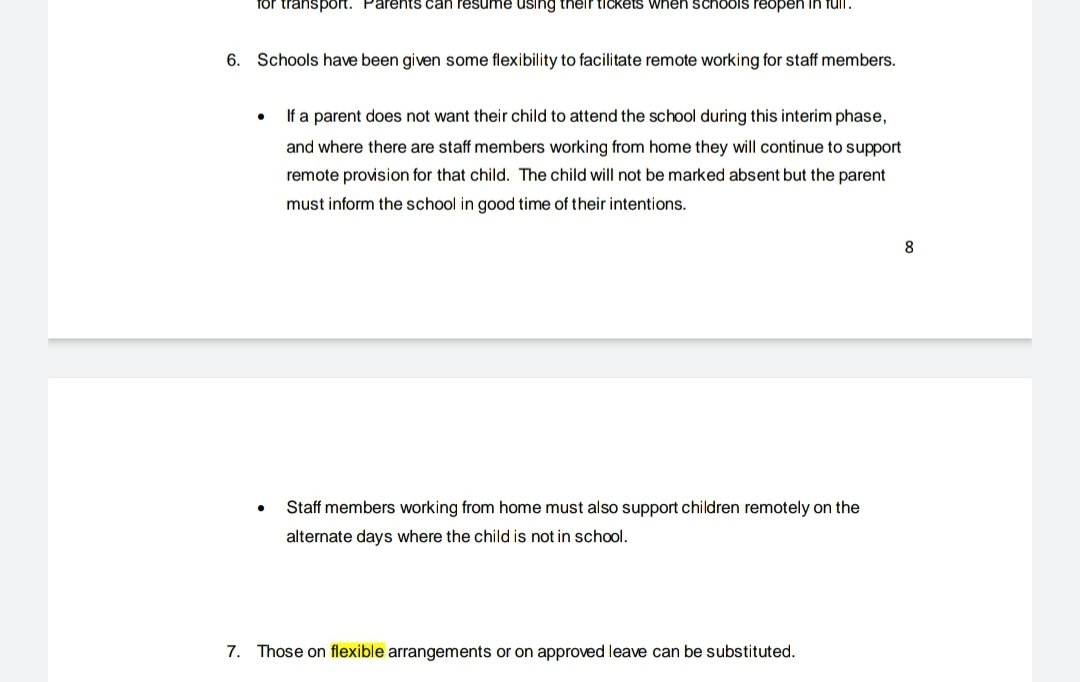  Flexible work arrangements can be agreed by BOM. No guidelines on for who. These staff work remotely with pupils at home (by choice or on 50% off if in special schools) Flexible arrangements in ARE substitutable#3