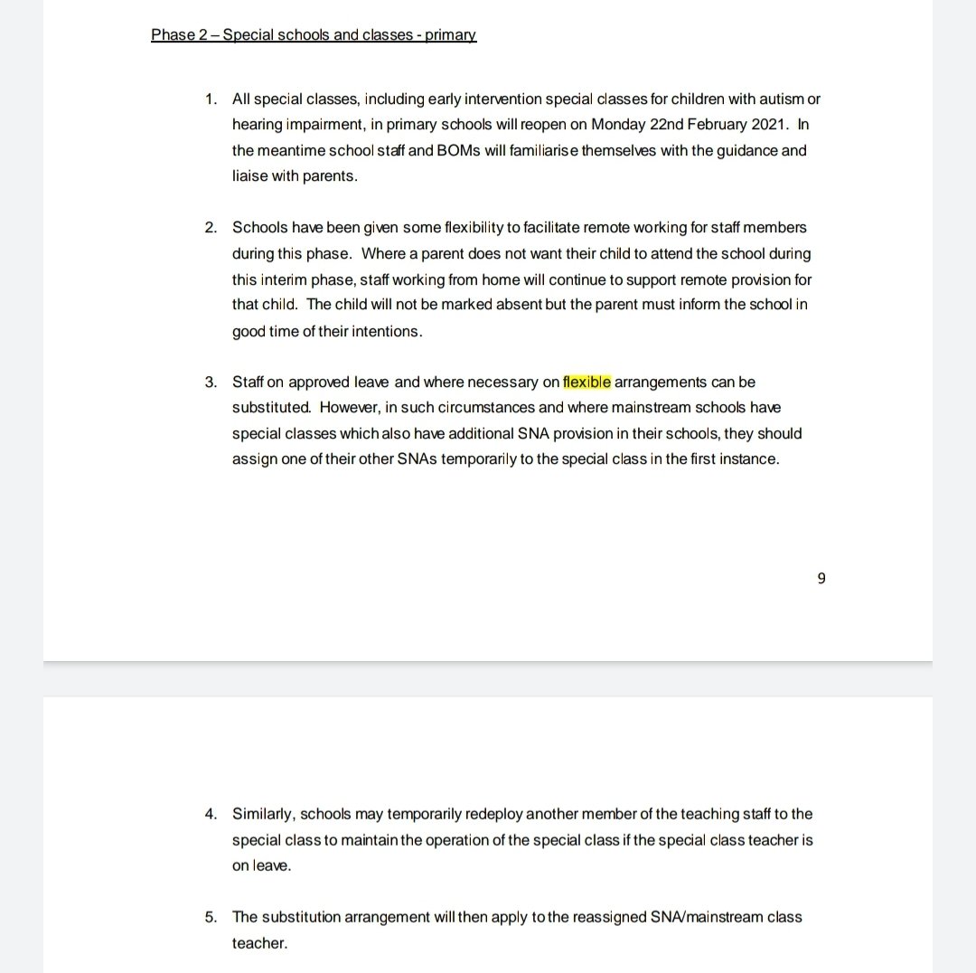 ButIn special classes in mainstream School staff, teachers and SNAs already currently on staff should be substituting in the classes first.So other mainstream staff potentially on call, or have to replace high risk/vulnerable staff in special class fully. #4