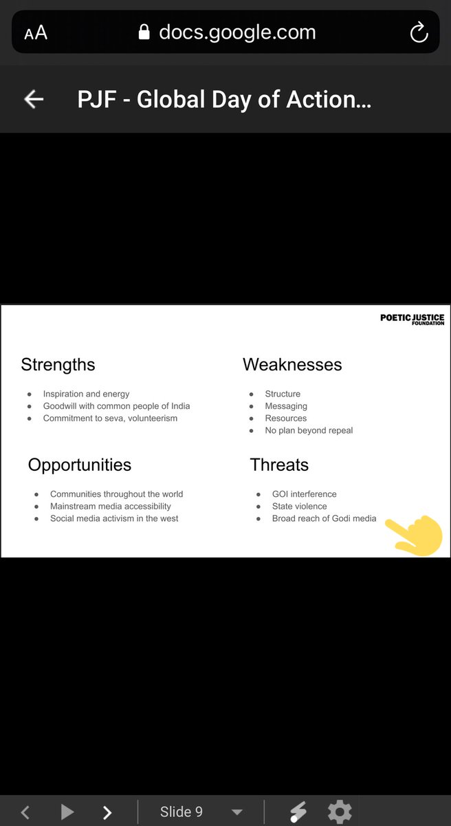 Notable contents of the presentation:1. A timeline that leads to 26th Jan.2. ‘Broad reach of Godi media’ mentioned as a Threat.3. Disrupt ‘yoga and chai’ image of India in general - mentioned as an objective of the protests! #IndiaAgainstPropaganda  #IndiaTogether