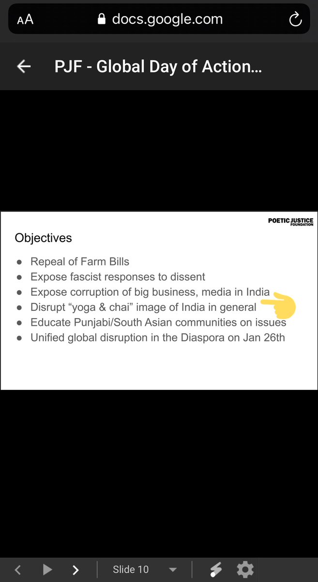 Notable contents of the presentation:1. A timeline that leads to 26th Jan.2. ‘Broad reach of Godi media’ mentioned as a Threat.3. Disrupt ‘yoga and chai’ image of India in general - mentioned as an objective of the protests! #IndiaAgainstPropaganda  #IndiaTogether