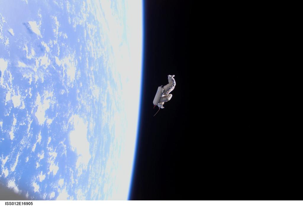 The spacesuit satellite floats around Earth.
