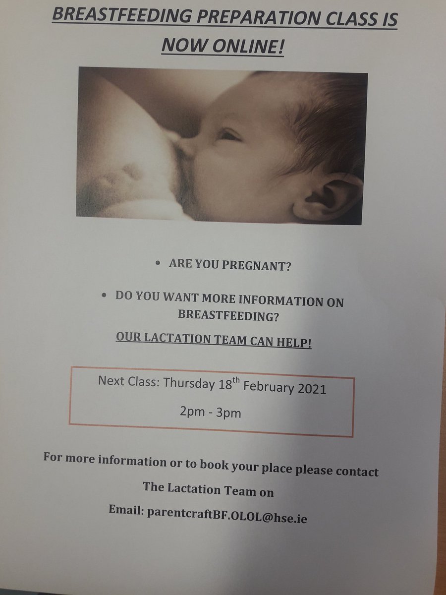 Tks to our wonderful lactation consultants Brenda & Shineen, our breastfeeding preparation classes are now online for anyone attending @OLOLMat_Unit To book a place just email parentcraftBF.OLOL@hse.ie