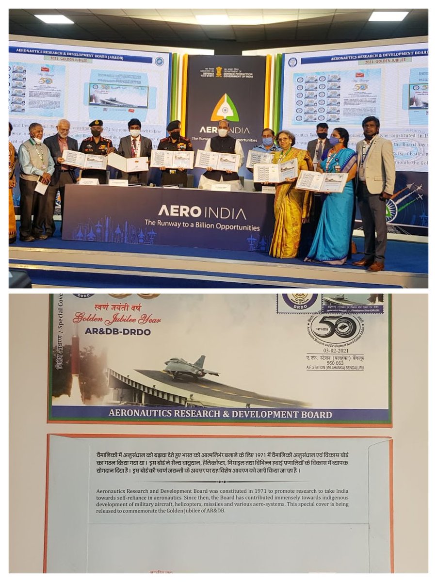 CPMGKARNATAKA's tweet photo. Release and handing over of Special Cover and  Corporate My Stamp on Golden Jubilee Year AR&amp;DB-DRDO to Hon. Defence Minister Shri Rajnath Singh , by Smt.. Sharda Sampath.,CPMG, Karnataka Circle on 3.2.2021 during Aero India 2021. https://t.co/kOCDZmtlwT