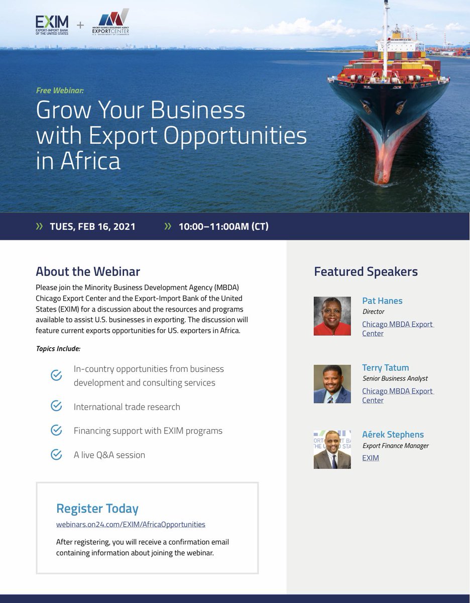 ChicagoMSDC's tweet photo. Join @ChiMBDAExport on February 16th to learn about resources and programs available to assist U.S. businesses in exporting - primarily focusing on current opportunities in Africa!
Register here: https://t.co/Z77DAbS3Fj
#cmsdc #buydiverse #africa #opportunities #exporting https://t.co/wPceiYcWHX