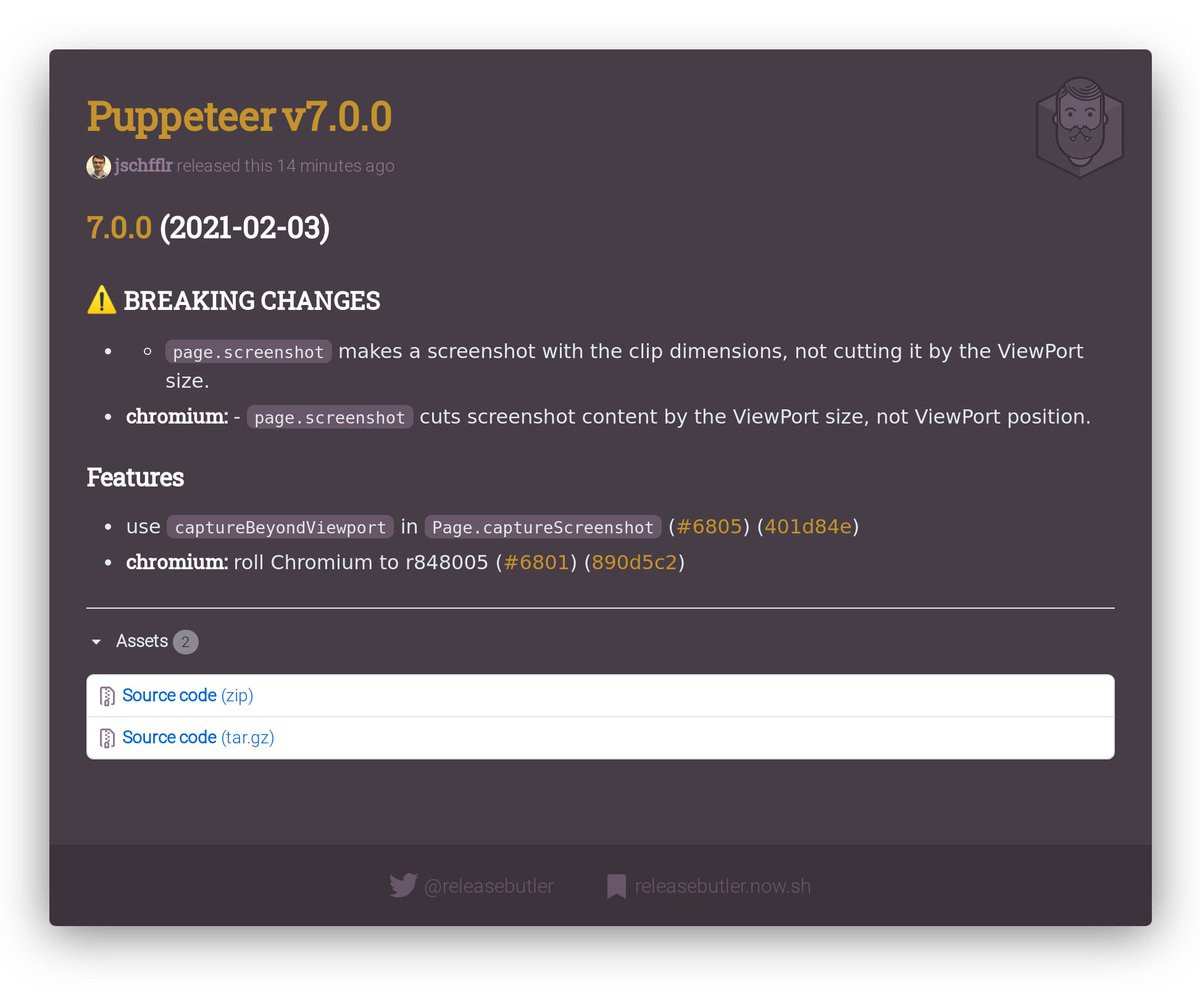 releasebutler's tweet photo. ๐ฅ New Puppeteer Release ๐
๐ฆ v7.0.0
๐ MAJOR RELEASE ๐๐๐
๐ท๏ธ #puppeteer #headlesschrome #nodejs #ssr #release #changelog #releasebutler
๐ https://t.co/XGesZGYvBV https://t.co/gclNJ3jU3r
