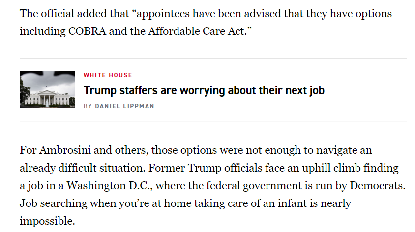 Newsflash  @politico  @dlippman Scores of Obama appointees literally conducted job searches with newborns at home (or in my case, in a stroller next to me at Starbucks for coffee meetings). Where was the extended maternity leave from the Trump admin for us??? GTENTIREFOH.