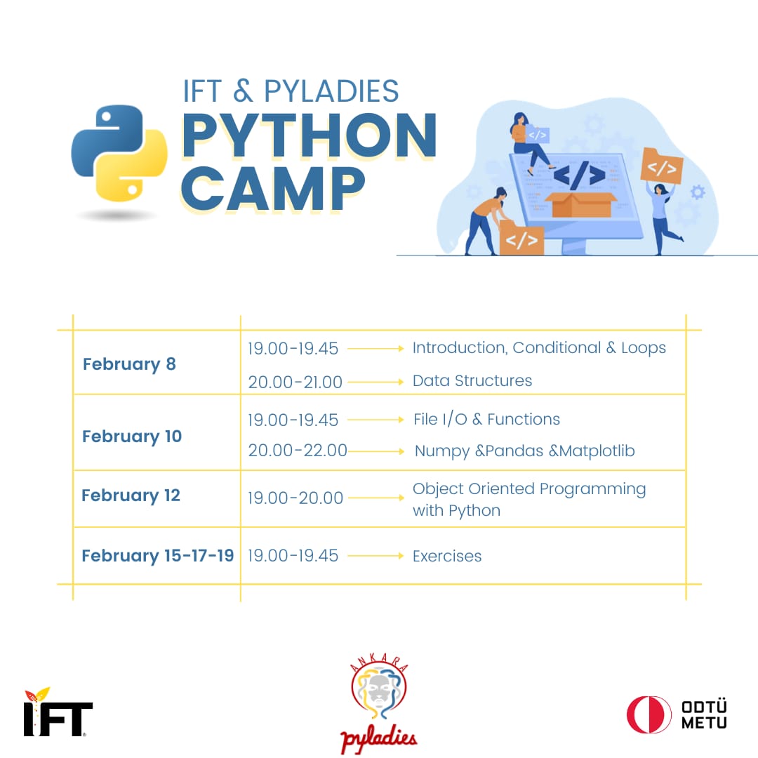 <a href="/IftMetu/">METU IFT Student Chapter</a> ile birlikte gerçekleştireceğimiz 6 gün sürecek Python Eğitim Kampı'nda sizlerle buluşmayı heyecanla bekliyoruz.
Katılım Formu Linki: forms.gle/xcUUW4TVokhu39…