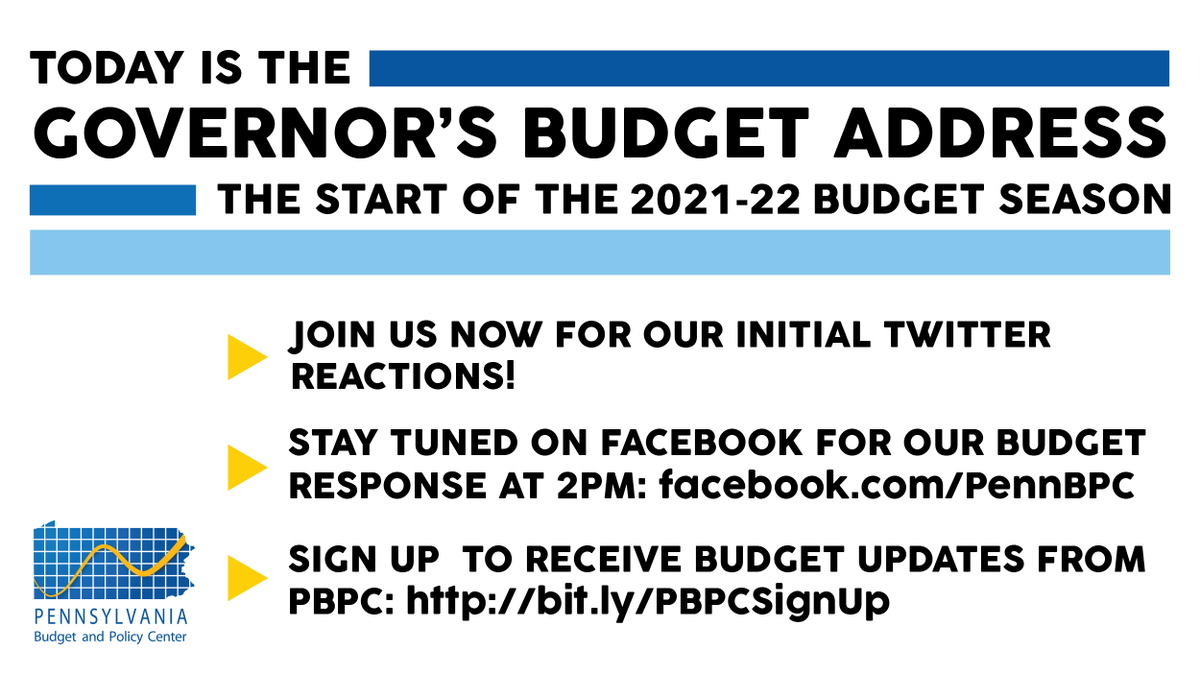. @GovernorTomWolf's budget address will be starting soon, and we'll be sharing some initial reactions on here, as well as on Facebook Live at 2PM! We will also continue to post all of our analysis and info on the 2021-22  #PABudget on our website:  https://krc-pbpc.org/issues/pa-budget-2021-2022/