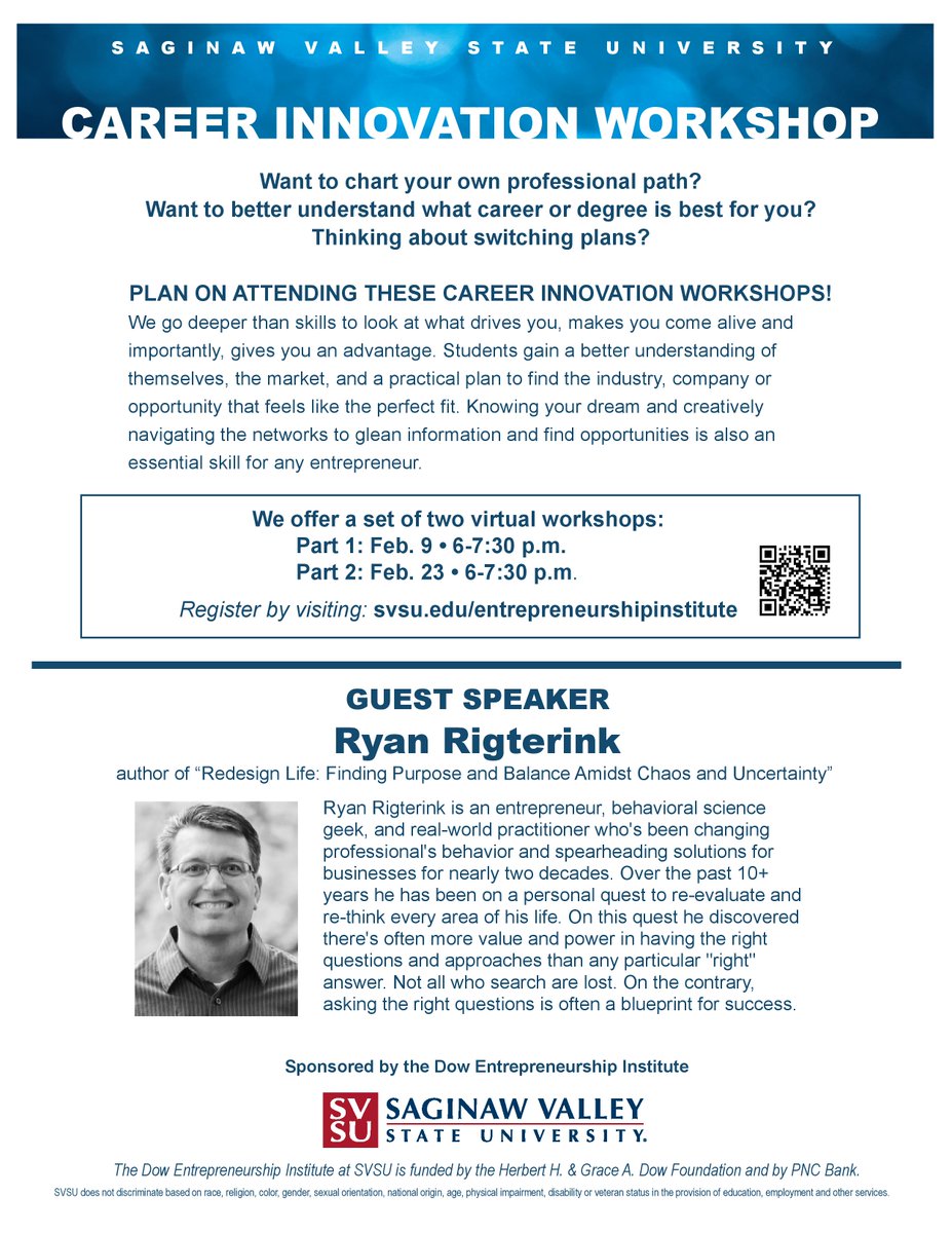 ⭐KEY EVENT ALERT⭐

Join @SVSUDEI for their virtual workshops aimed to help YOU chart your professional career path, understand what career and degree work best for you YOU, and help YOU switch your plans. 

Event details are below, register today at svsu.edu/entrepreneursh…