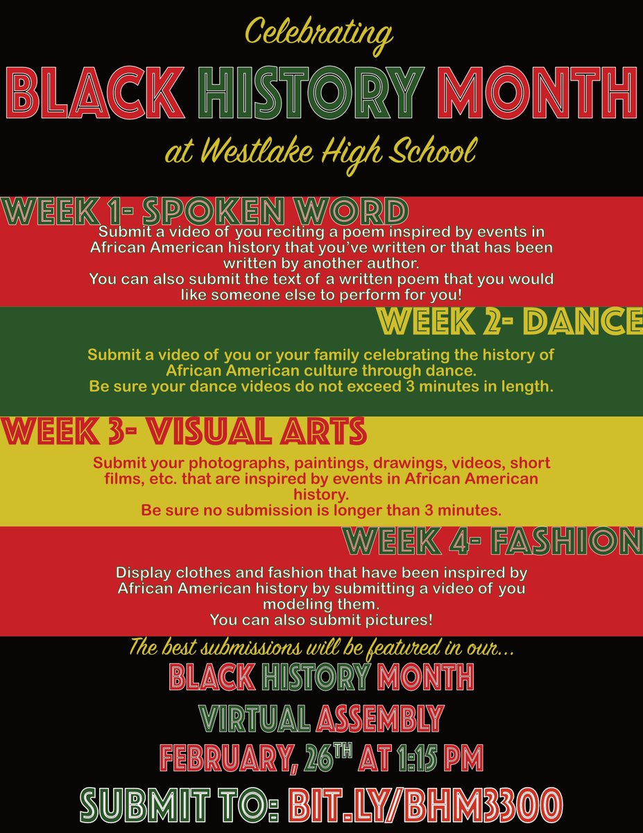 Westlake_HS's tweet photo. Calling all poets! Submit your original piece or recite a poem that highlights moments in Black History or African American Culture. Read the flyer below for details. @Westlake_HS https://t.co/pCSpAwe0z5