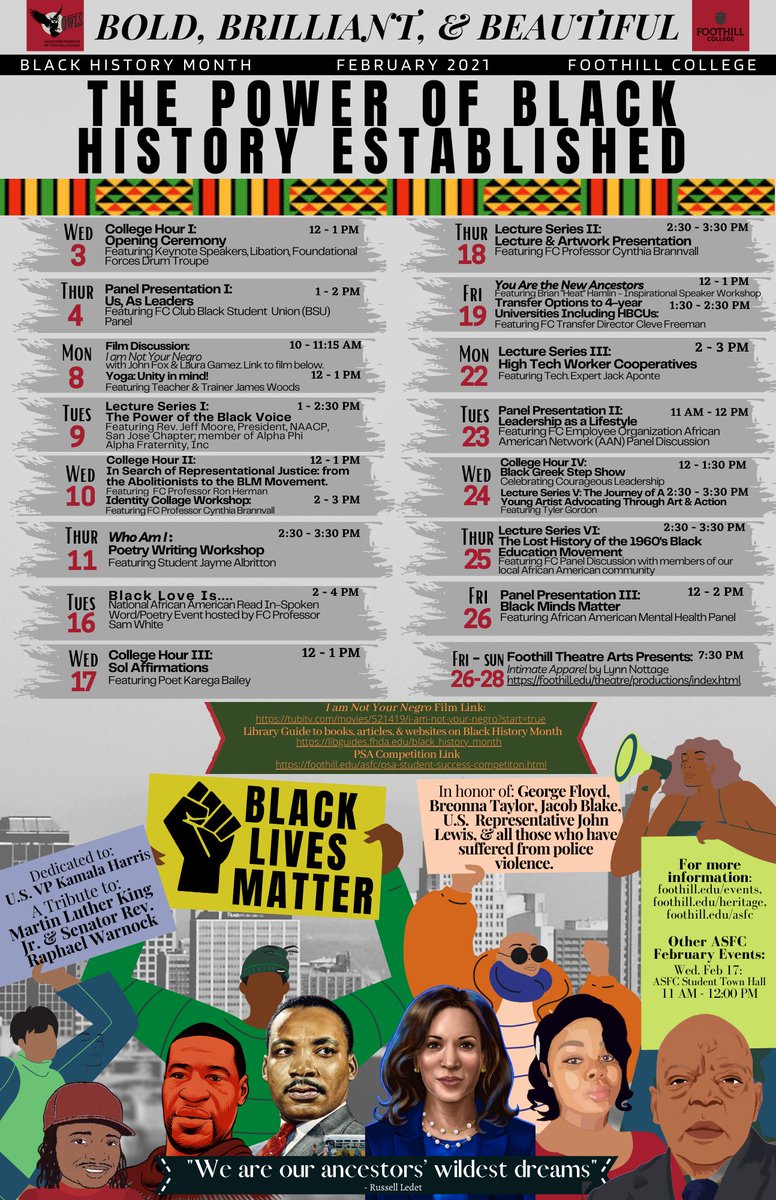 Join us for the #BlackHistoryMonth  opening event today at Noon and the other online events throughout February! #BlackHistoryMonth2021 #BHM ✊🏾
foothill.edu/heritage/bhm.h…