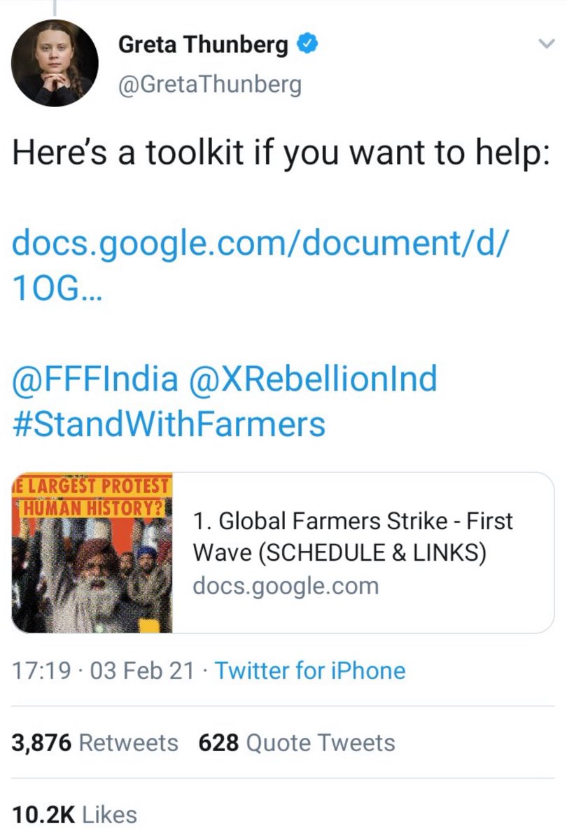 GurleenKBrar's tweet photo. Well! Well! The whole international conspiracy of discrediting and maligning India’s image has been mistakenly exposed by @GretaThunberg (now deleted tweet) ! As they say devil lies in the details! 
Have a look!
@TajinderBagga https://t.co/X02elK5izZ