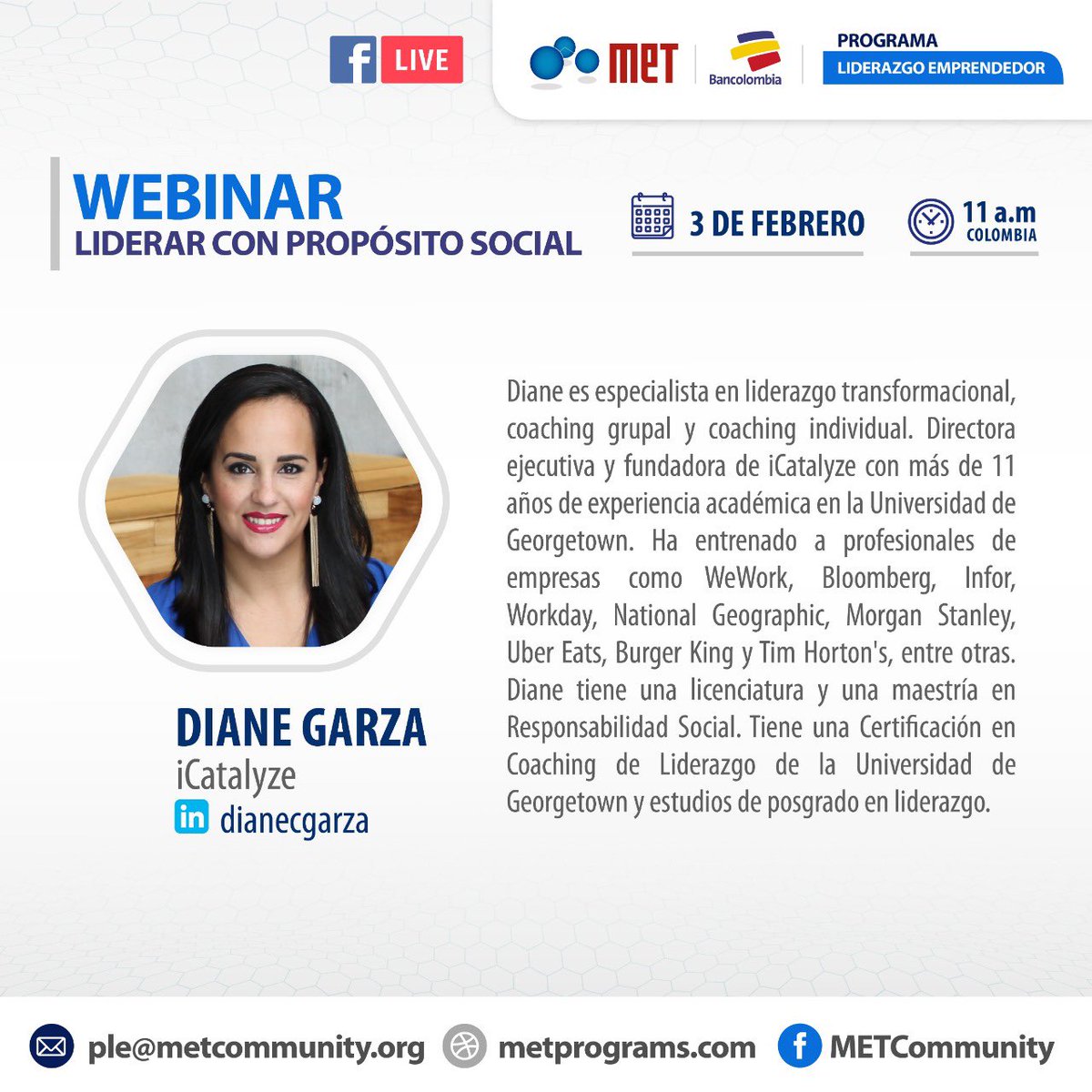METcommunity's tweet photo. ⏰En pocos minutos empieza nuestro #Webinar ‼️
👉🏼Liderar con #propositosocial es el nuevo paradigma que está marcando las estrategias de negocio de empresas y organizaciones.
#PLE desarrollado por @METCommunity en colaboración con @Bancolombia
◀️#FBLive https://t.co/9ufLFFhkNA https://t.co/80V9AnugyG
