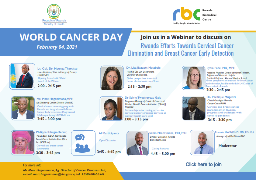 Join us in a webinar on Thursday, February 04, 2021 to discuss on #Rwanda efforts towards #cervicalcancer elimination and #breastcancer early detection. Here's the link to the call: risa-rw.webex.com/risa-rw/j.php?…