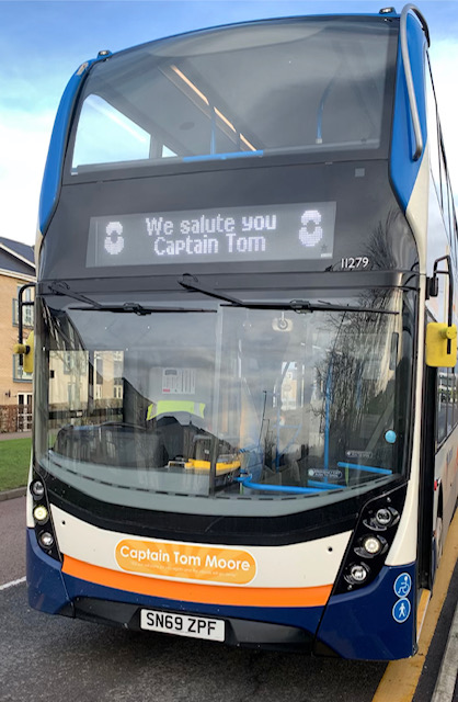 Stagecoach East (@stagecoach_east) on Twitter photo Yesterday the world lost a truly inspirational man, <a href="/captaintommoore/">Captain Sir Tom Moore</a>. To honour him and the amazing work he achieved, we have updated the display on his bus in #Bedford and at 6pm today, our Drivers will also pull over where safe to do so to take part in the #ClapForCaptainTom ๐ Yesterday the world lost a truly inspirational man, <a href="/captaintommoore/">Captain Sir Tom Moore</a>. To honour him and the amazing work he achieved, we have updated the display on his bus in #Bedford and at 6pm today, our Drivers will also pull over where safe to do so to take part in the #ClapForCaptainTom ๐