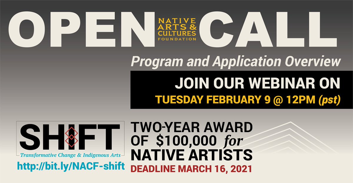 FEB 9 @ 12p (pst) - NACF is offering a webinar to go through the online application & share answers to some of the most commonly asked questions on how to apply to NACF's new program award SHIFT. #nativeart #NACFshift 

us02web.zoom.us/webinar/regist…