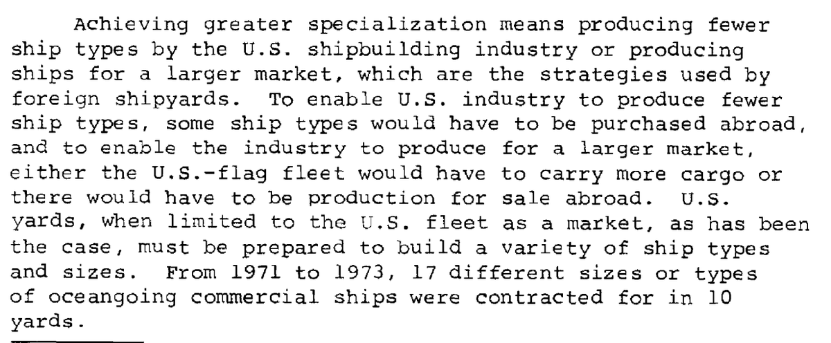 "The link between Government support of the merchant fleet and support of the shipbuilding industry limits the practicality of specializing yard facilities." 