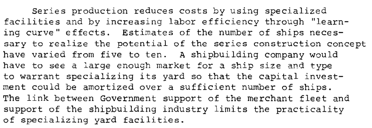 "The link between Government support of the merchant fleet and support of the shipbuilding industry limits the practicality of specializing yard facilities." 