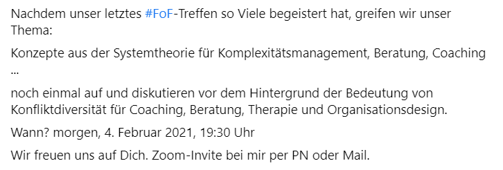 PeynGitta's tweet photo. Lust, morgen über Konzepte aus der Systemtheorie und Konfliktdiversität zu schnacken?
Die #FriendsofFormwelt treffen sich wieder - und es wird ganz sicher ein weiteres Mal temporeich und herausfordernd. https://t.co/lxFysAtwUn