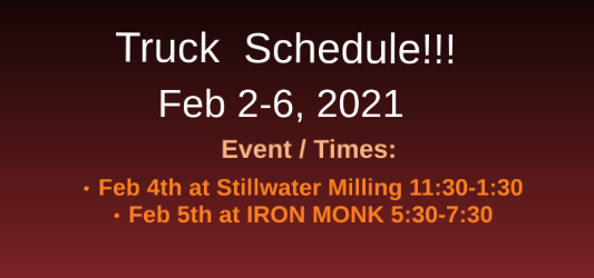 PurdyQBBQ's tweet photo. Truck schedule for first week of February https://t.co/QBVbTdTOF9