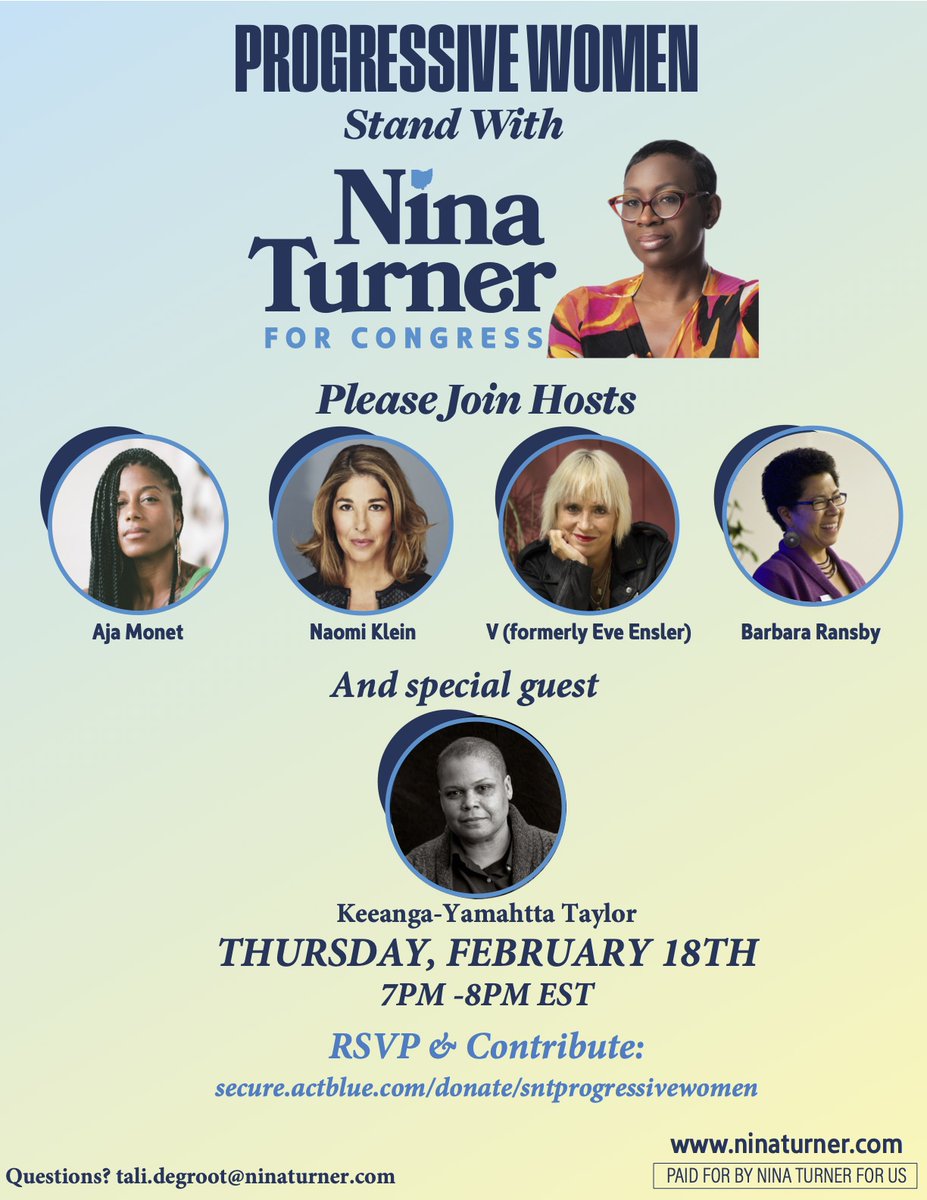 NaomiAKlein's tweet photo. Fundraiser for the great @ninaturner! Join us and pls donate whatever you can. We need more revolutionary women in Congress! Imagine her there... https://t.co/YkfppECqLt