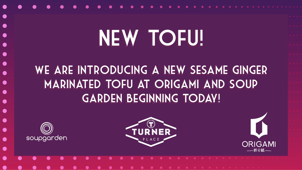 HokieDining's tweet photo. Beginning today, we will be serving sesame ginger marinated tofu at Origami and Soup Garden in Turner Place. This new product will be replacing all of our tofu options in both locations.
#VTDining #New #TurnerPlace https://t.co/vWMg1MWCwp