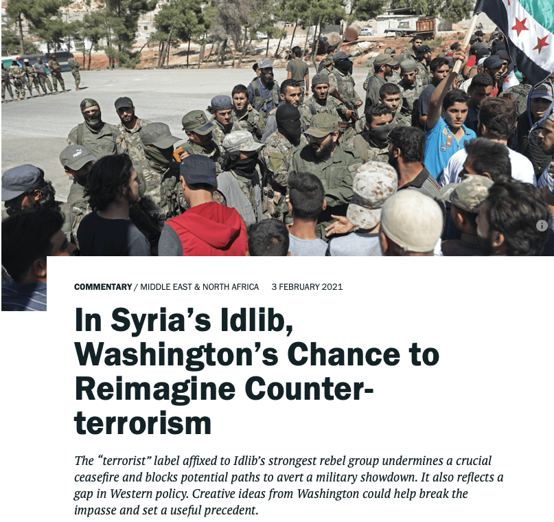 The U.S,  #Europe &  #Turkey should press  #HTS to address concerns & "define clear benchmarks which (if met) could enable HTS to shed its “terrorist” label," argue  @dkhalifa &  @NoahBonsey.Doing so would symbolize a new diplomacy+military approach to CT. https://www.crisisgroup.org/middle-east-north-africa/eastern-mediterranean/syria/syrias-idlib-washingtons-chance-reimagine-counter-terrorism