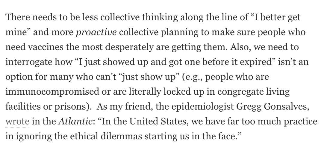 As I wrote yesterday yes, we need less "I got mine" and more "How can we all protect each other" thinking. But a lot of people are TRYING to do this, within limiting systems and w few options (ie, supporting their local taco joint to try to save it)  https://www.scientificamerican.com/article/if-youve-been-working-from-home-please-wait-for-your-vaccine1/