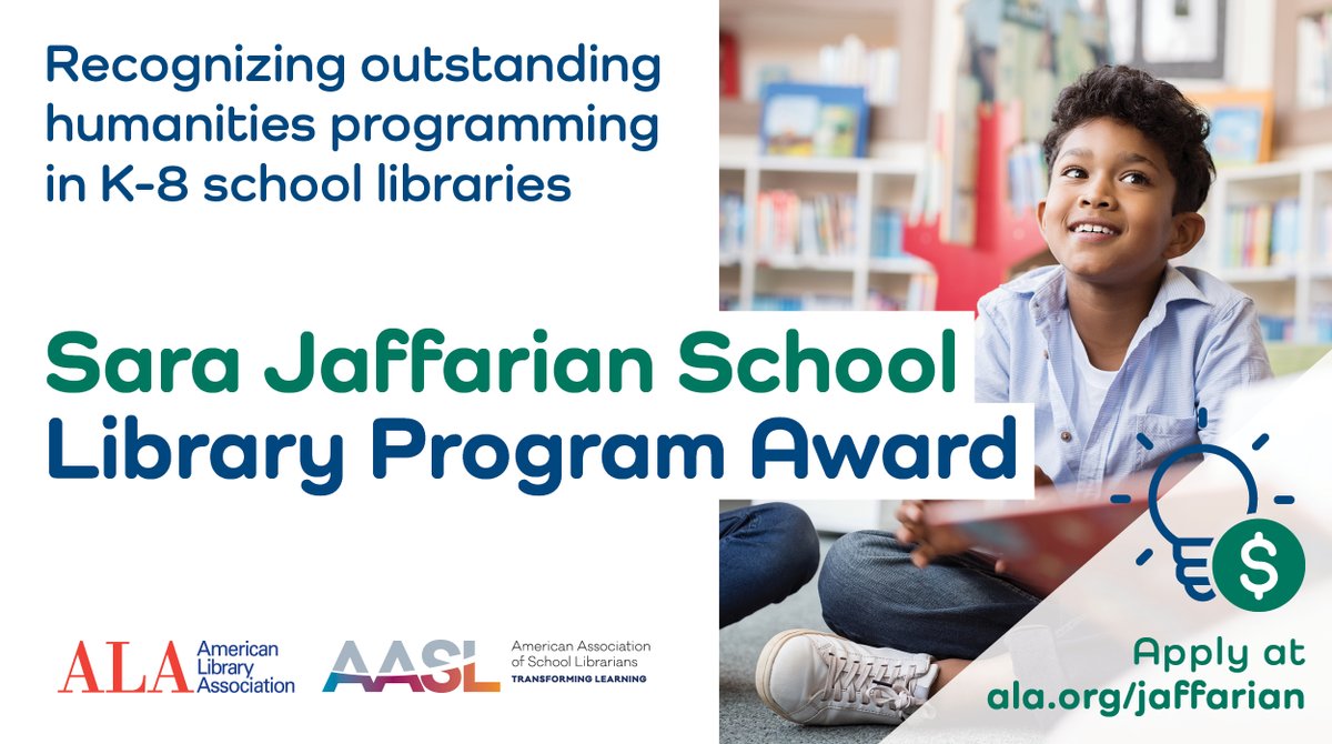 ALALibrary's tweet image. School librarians are invited to apply for a $5,000 award recognizing outstanding humanities programming. Virtual programs are highly encouraged! Nominate by May 5th. #programminglibrarian @aasl ala.org/jaffarian