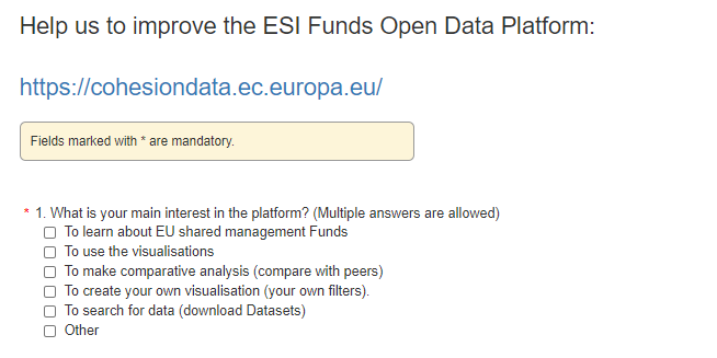 RegioEvaluation's tweet image. Later this year we will redevelop #ESIFOpenData to reflect the new #EUbudget programmes adopted for 2021-2027.
 
Will you help us identify *YOUR* needs and priorities?

Please reply to our short 11 question user survey 🙏🙏➡️ec.europa.eu/eusurvey/runne…
