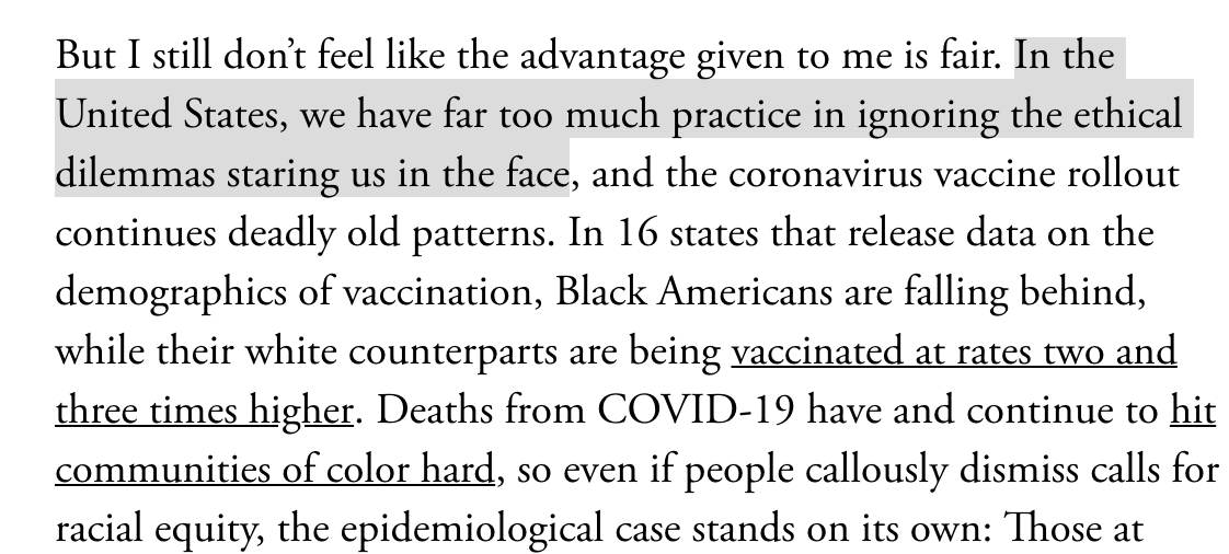 I do NOT begrudge ppl for working within the systems which ensnare us. But, as  @gregggonsalves wrote in the Atlantic,  https://www.theatlantic.com/ideas/archive/2021/02/vaccine-line-illogical/617881/