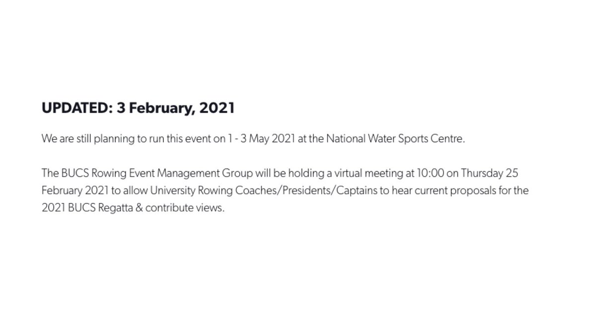 JLee_Row's tweet image. #BUCSRegatta update👇

We remain committed to running a competition for student rowers if at all possible.

Options will become clearer after Gov announcement w/c 22 Feb

University Coaches/Presidents/Captains please REGISTER for virtual meeting on 25 Feb: bucs.org.uk/events-page/ro…