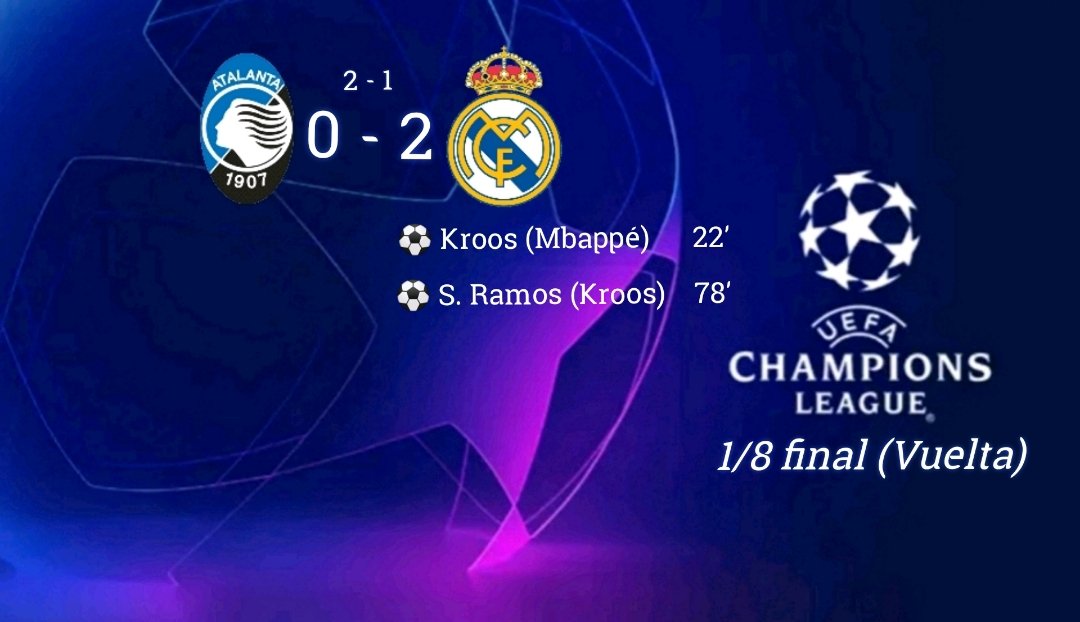 RUnifut's tweet photo. 1/8 final Champions League🇪🇺⭐.
🏟️ Gewiss Stadium (Bérgamo)🇮🇹
⚫🔵Atalanta 0-2 Real Madrid⚪⚪

Goles:
⚽ Kroos (Mbappé)    22'
⚽ S. Ramos (Kroos)  78'

Tarjetas:
🟨 Milinkovic S.
🟥 Zapata.

Cambios:
Valverde 🔄 Milinkovic S.
Rodrygo 🔄 Vinicius Jr
T. Kubo 🔄 Odegaard https://t.co/XeBK5rNtCn
