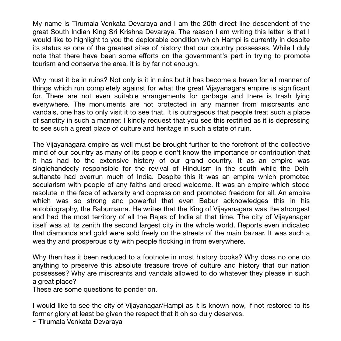 TirumalaDevara3's tweet image. Below is a letter which I wrote to the PMO regarding the distressing state that Hampi is currently in.