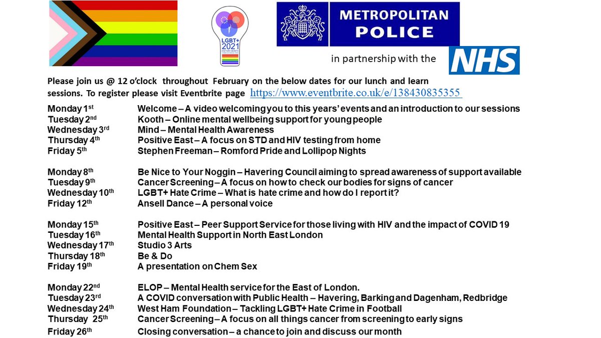 PositiveEast's tweet photo. 12PM TOMORROW (4TH FEB) 😊

This month we're joining @metpoliceuk for a few of their new Lunch and Learn workshops - organised by in collaboration with the NHS for #LGBTHistoryMonth

https://t.co/k0XaHQL58b

More info - massimo.nardi@positiveeast.org.uk https://t.co/p7xsyBYNFB